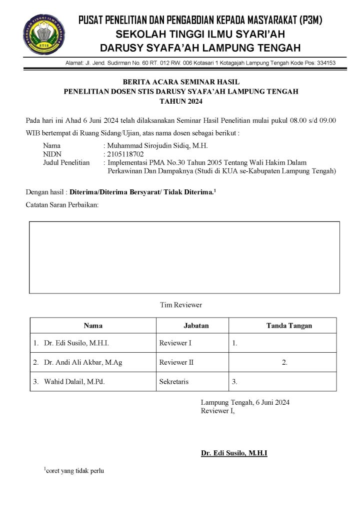 Berita Acara Seminar Hasil Penelitian Dosen